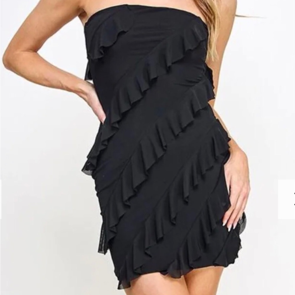 Black Strapless Cascading Ruffles Bodycon Mini Dress Size Medium Event Sexy